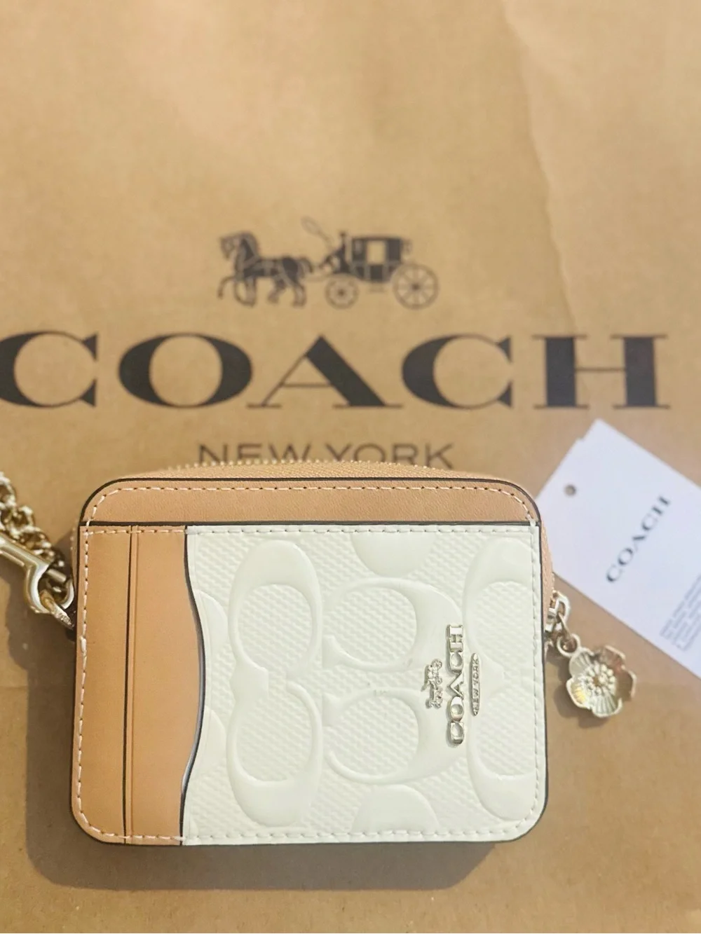 Coach Cream  and Tan Card Case with Gold Chain